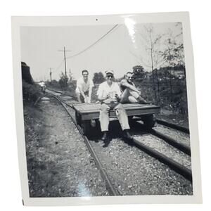 Vtg Monochrome Photography Men Sitting on Railroad Cart Found Snapshot